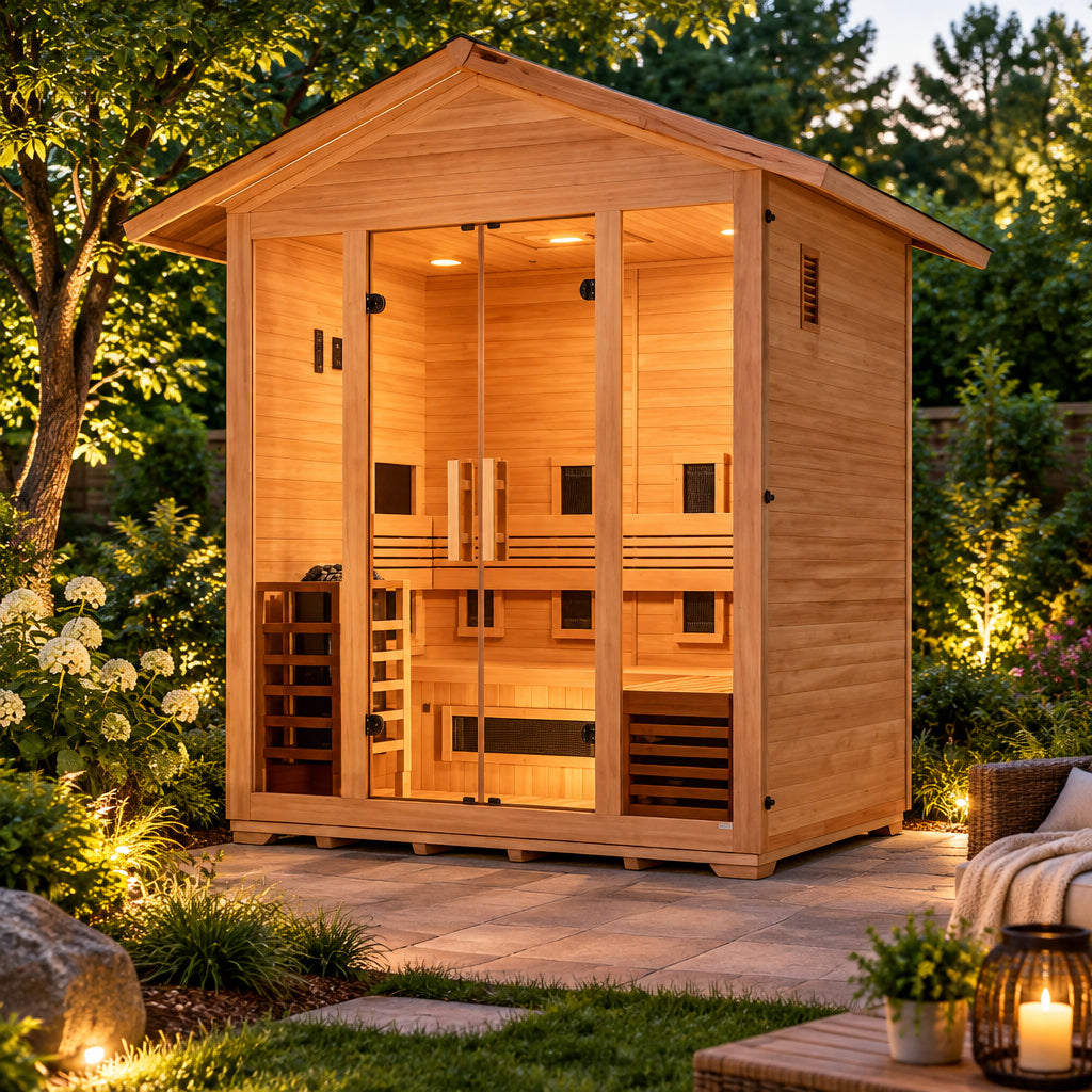 Golden Designs Saunas Golden Designs Gargellen 5 Person Hybrid (PureTech™ Full Spectrum IR or Traditional Stove) Outdoor Sauna (GDI-8125-01)