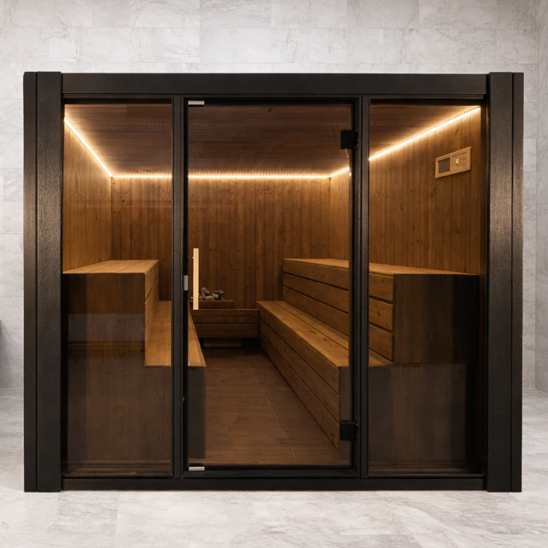 GeyserSteam Saunas ThermaPlunge with closed door in perfect led lighting inside