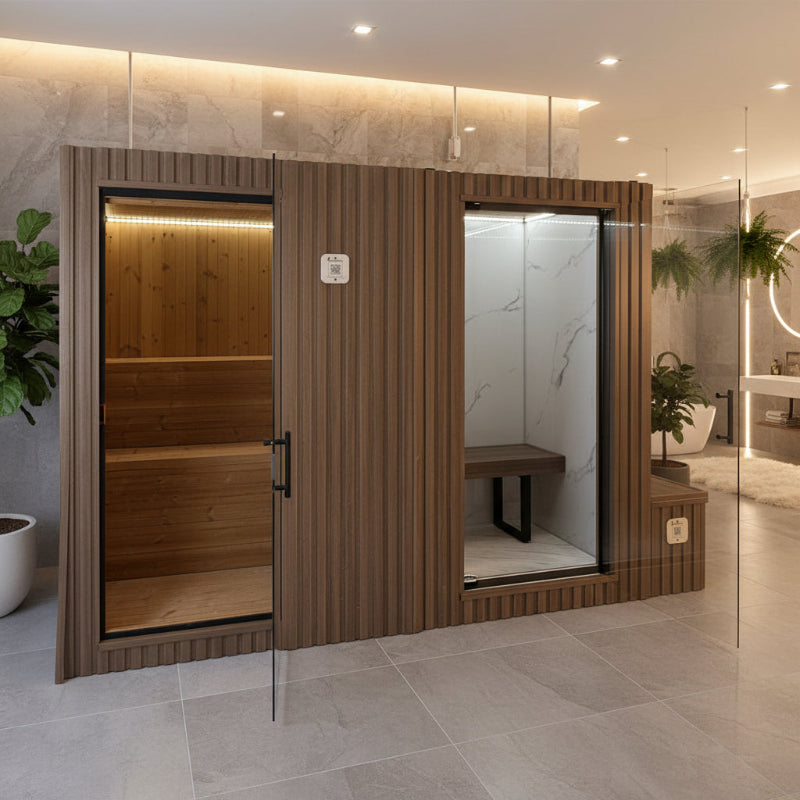 GeyserSteam Vapora Modern indoor sauna with wooden interior and glass door in a bathroom setting.