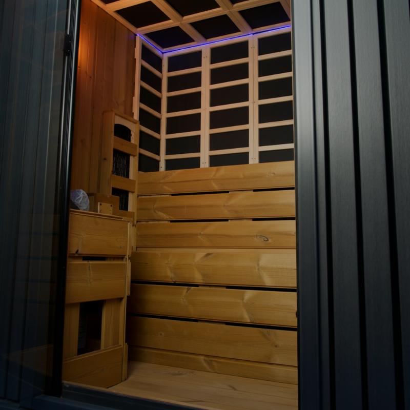 GeyserSteam Vapora Wooden sauna interior with a dark background