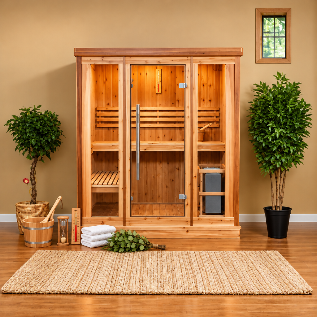Sunray Hampton 3-person indoor sauna with glass front in a living room