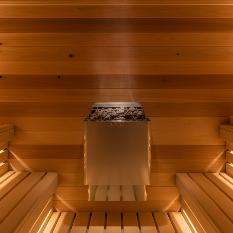 Sauna with wooden walls and a steam generator emitting steam.