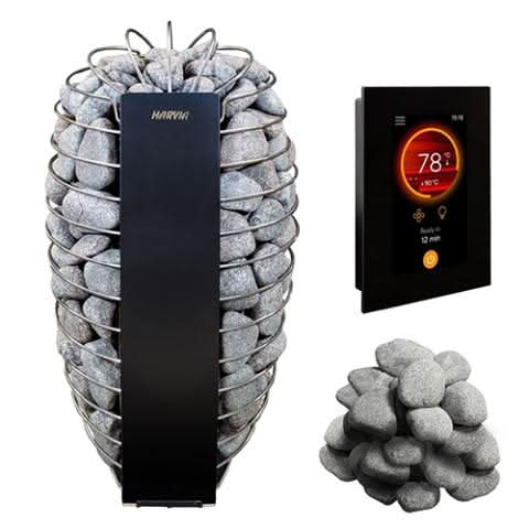 Harvia branded sauna heater with plus and minus button controller