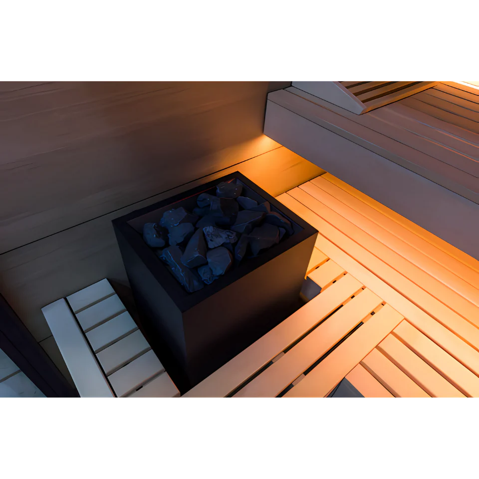 Wooden sauna interior with glowing stones in a box