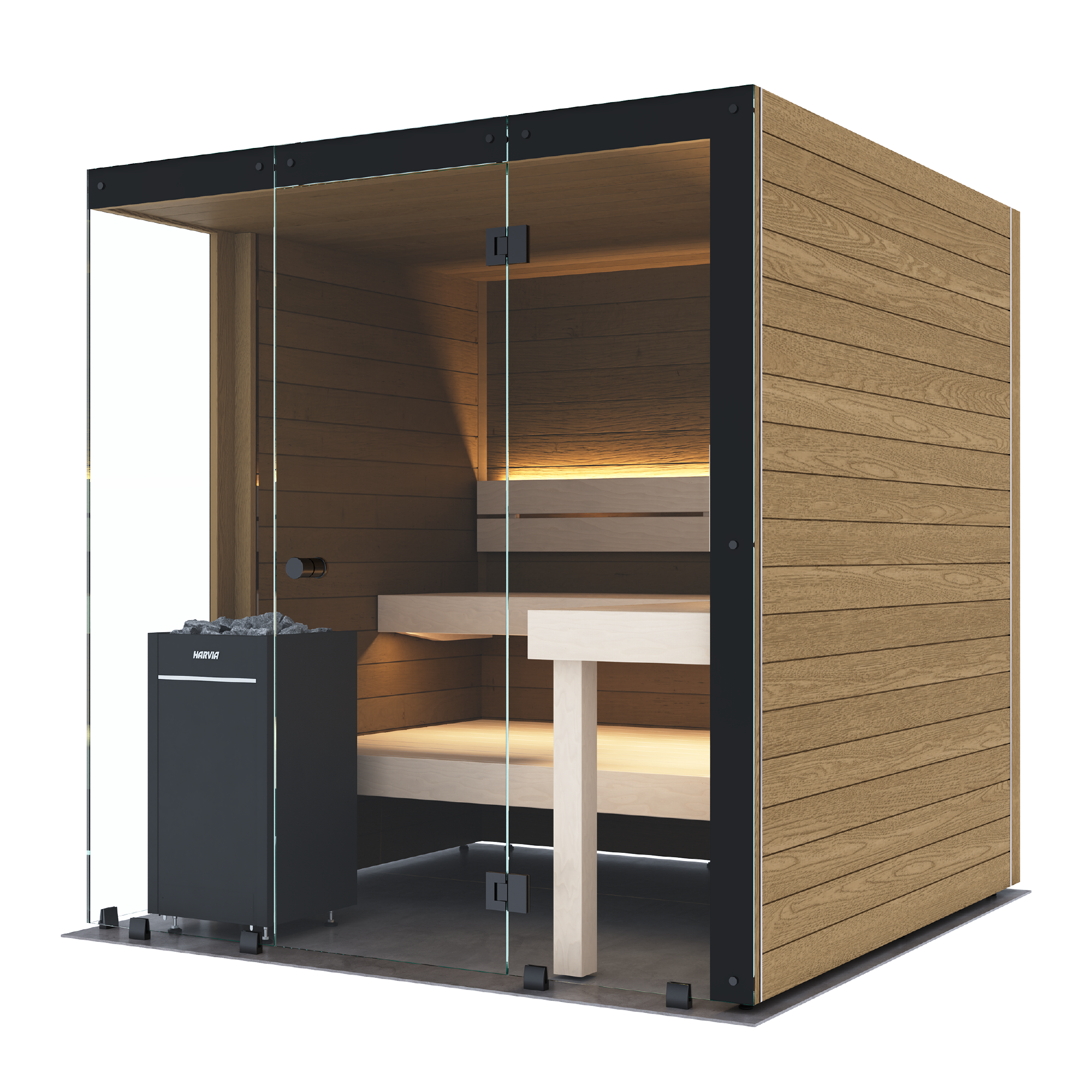 A modern glass-walled sauna cabin with light wood exterior paneling, wooden interior benches, warm LED lighting, and a black sauna stove on a dark floor, shown on a plain white background.