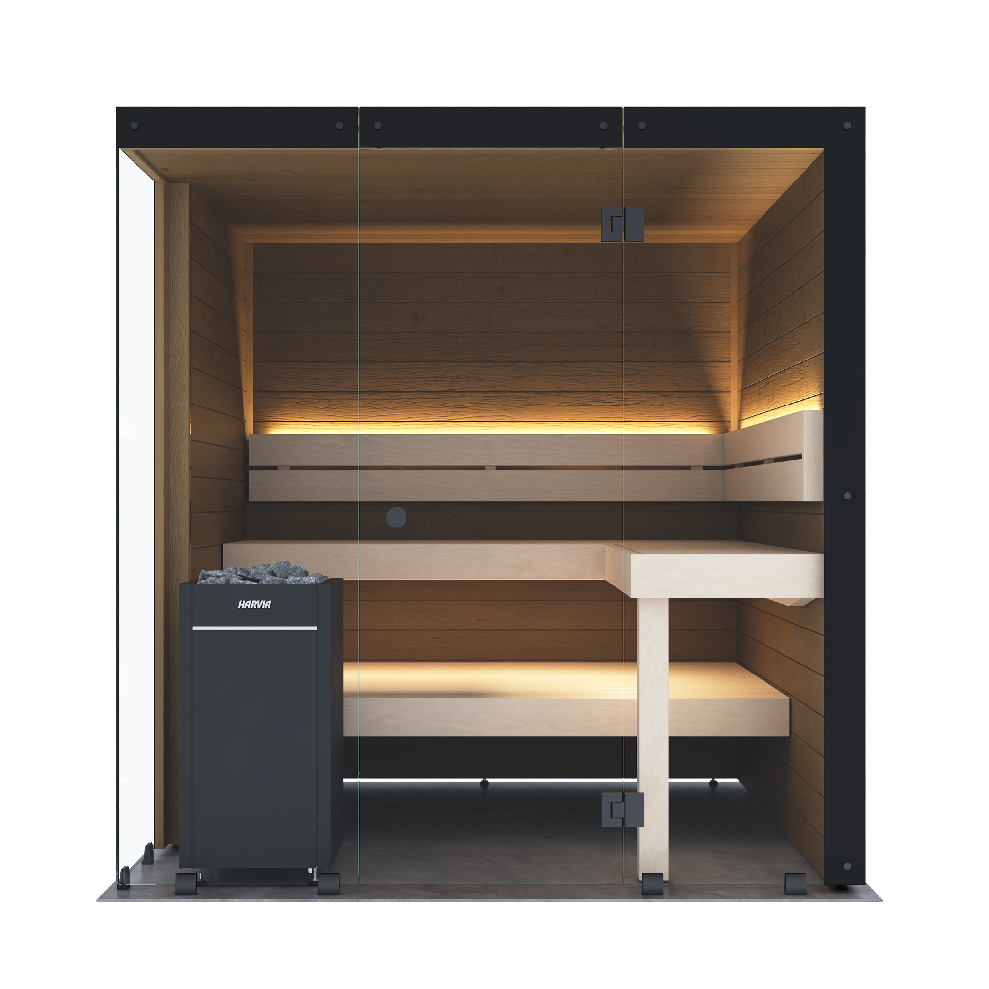 A modern indoor sauna cabin with wooden walls and benches, warm ambient lighting, a glass door, and a black sauna stove on the left, shown on a plain white background.