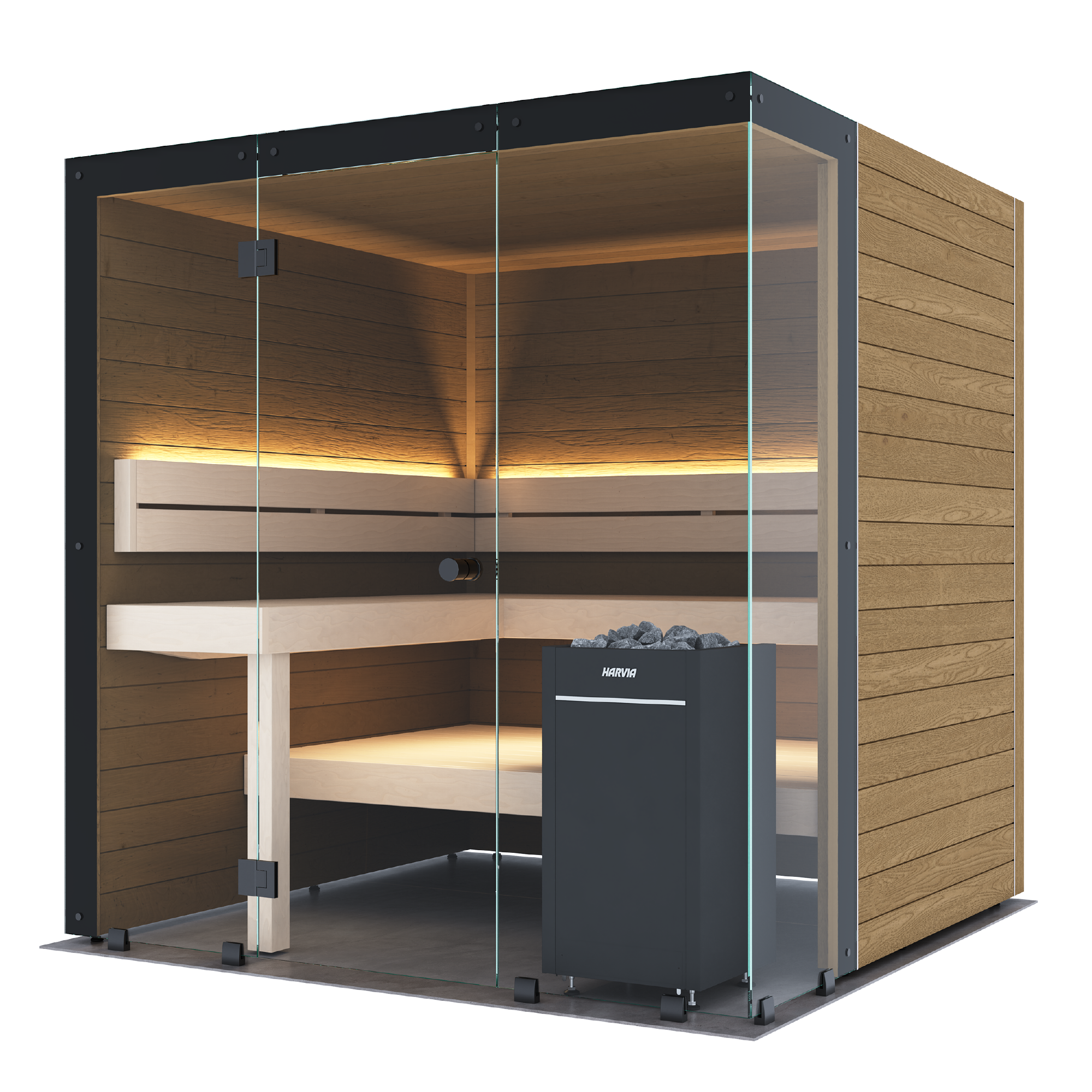 A modern outdoor sauna cabin with wood-paneled exterior walls, clear glass doors, built-in wooden benches, warm interior lighting, and a black sauna stove with visible stones, shown on a plain white background.
