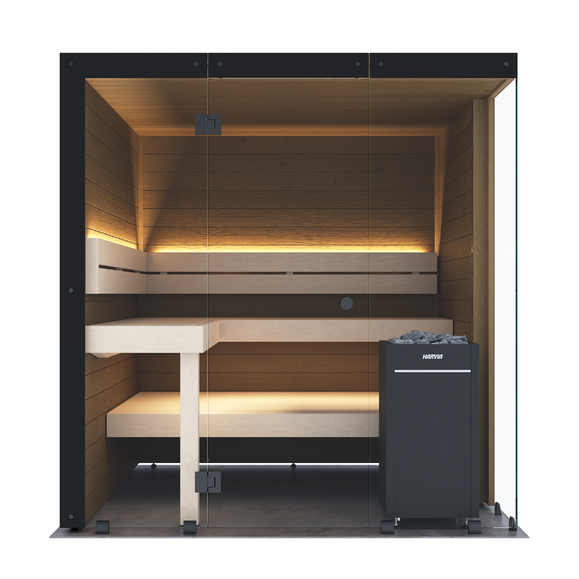 A modern wooden sauna cabin with built-in benches, warm ambient lighting, and a dark gray sauna stove on the right side, shown against a plain white background.