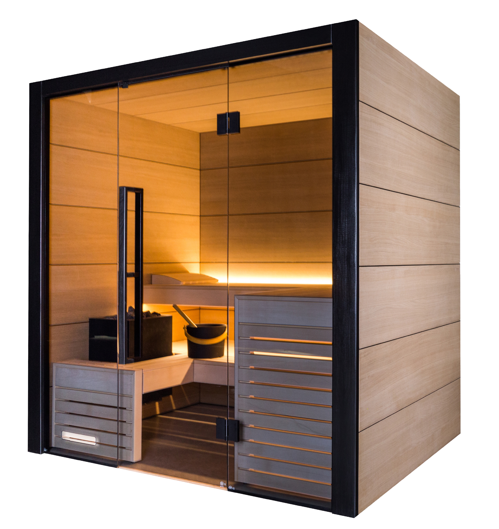A modern wooden sauna cabin with glass doors, warm interior lighting, built-in benches, and a slatted front panel, shown on a plain white background.