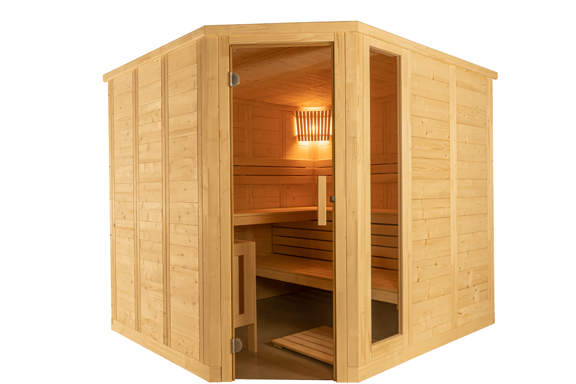 Wooden sauna with interior lighting on a white background