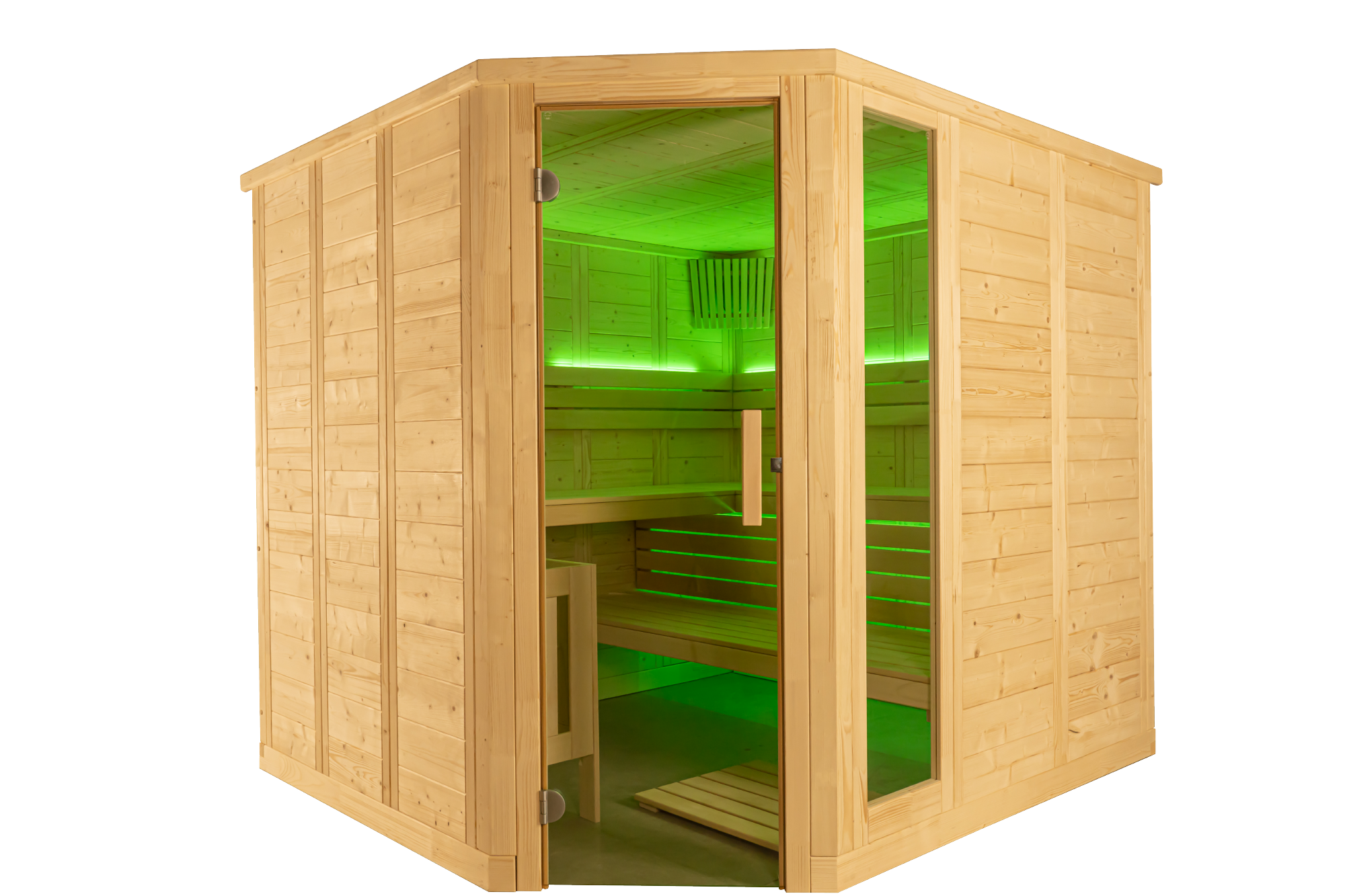 Wooden sauna with green interior lighting on a white background