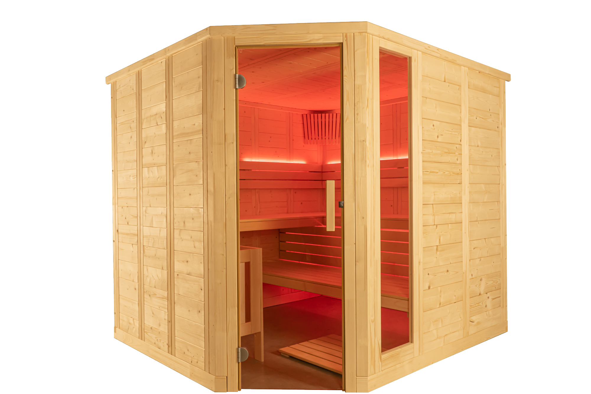 Wooden sauna with red interior light on a white background