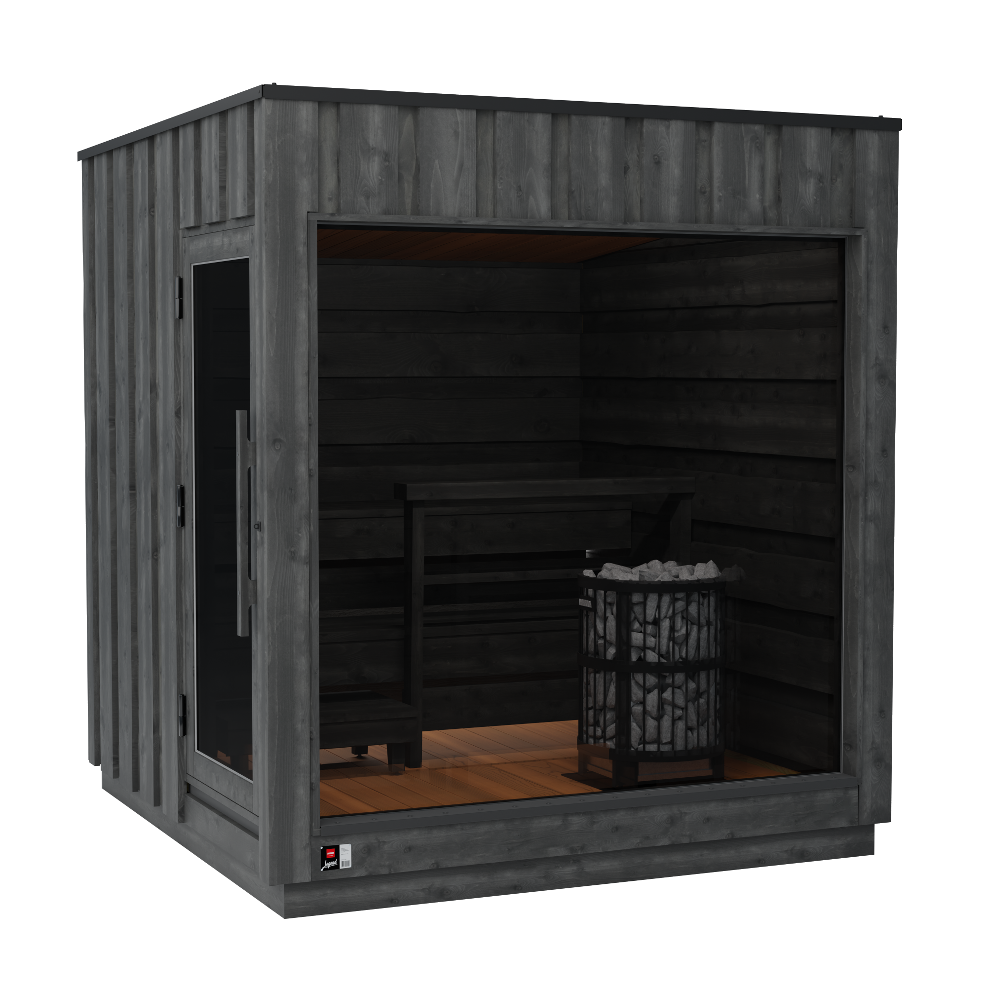 Harvia Legend sauna with a glass door and interior wood flooring, shown on a plain white background.