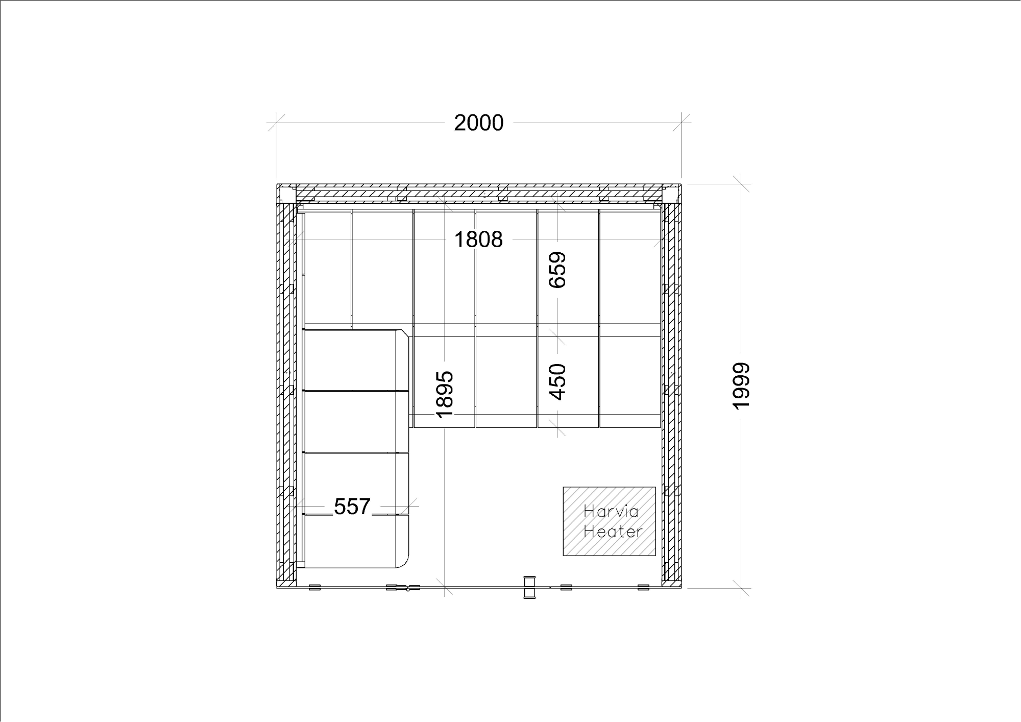 A black-and-white technical floor plan diagram showing a compact room layout with dimension labels such as 2000, 1999, 1808, 659, 450, 1895, and 557, plus a small marked area labeled 'Hambra Heater'.
