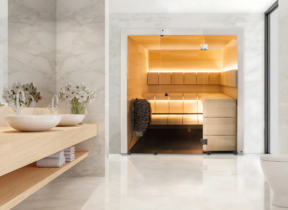 Modern bathroom with wooden vanity, toilet, and a lit sauna area.