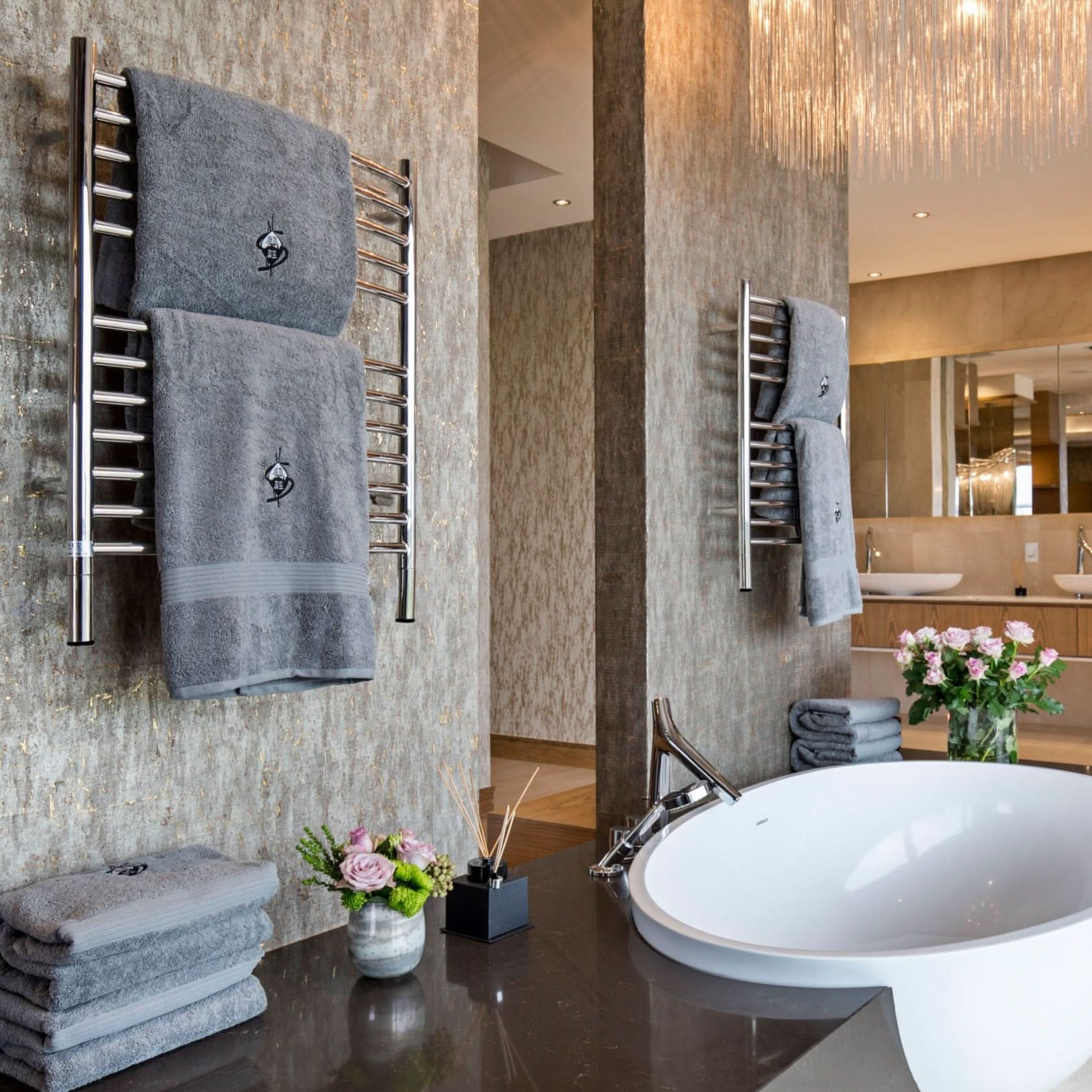 Amba Towel Racks ECP - Polished Amba Jeeves Model E Curved 12 Bar Hardwired Towel Warmer