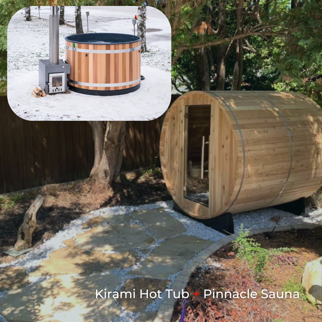 Almost Heaven Almost Heaven Pinnacle 4 Person Barrel Sauna + Almost Heaven Kirami 4 Person Hot Tub