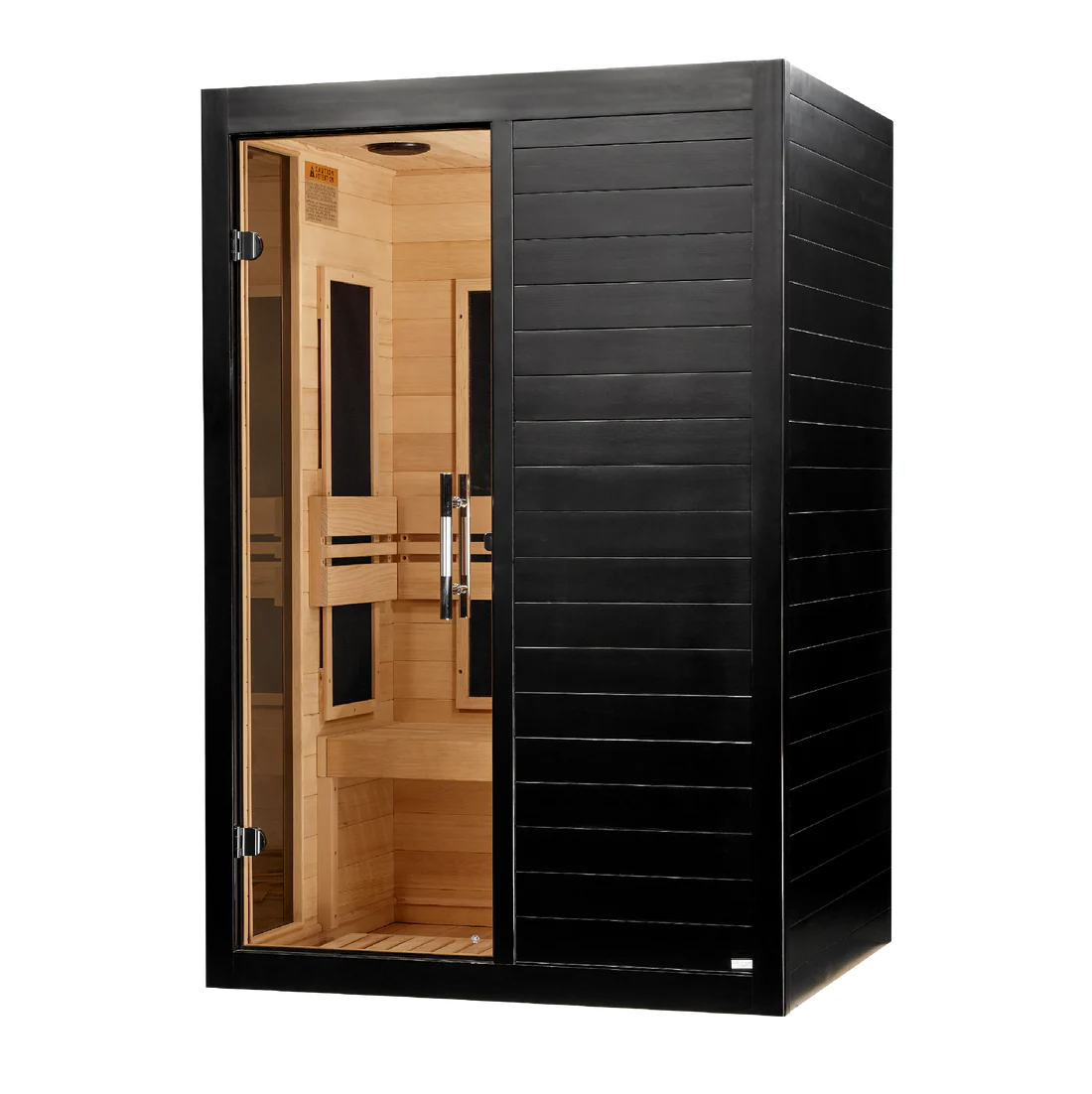 A modern black wooden sauna with a glass door and warm wood interior, shown on a plain white background.