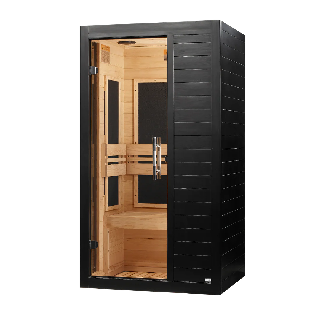 A single-person infrared sauna with a black exterior and light natural wood interior, shown on a solid white background.