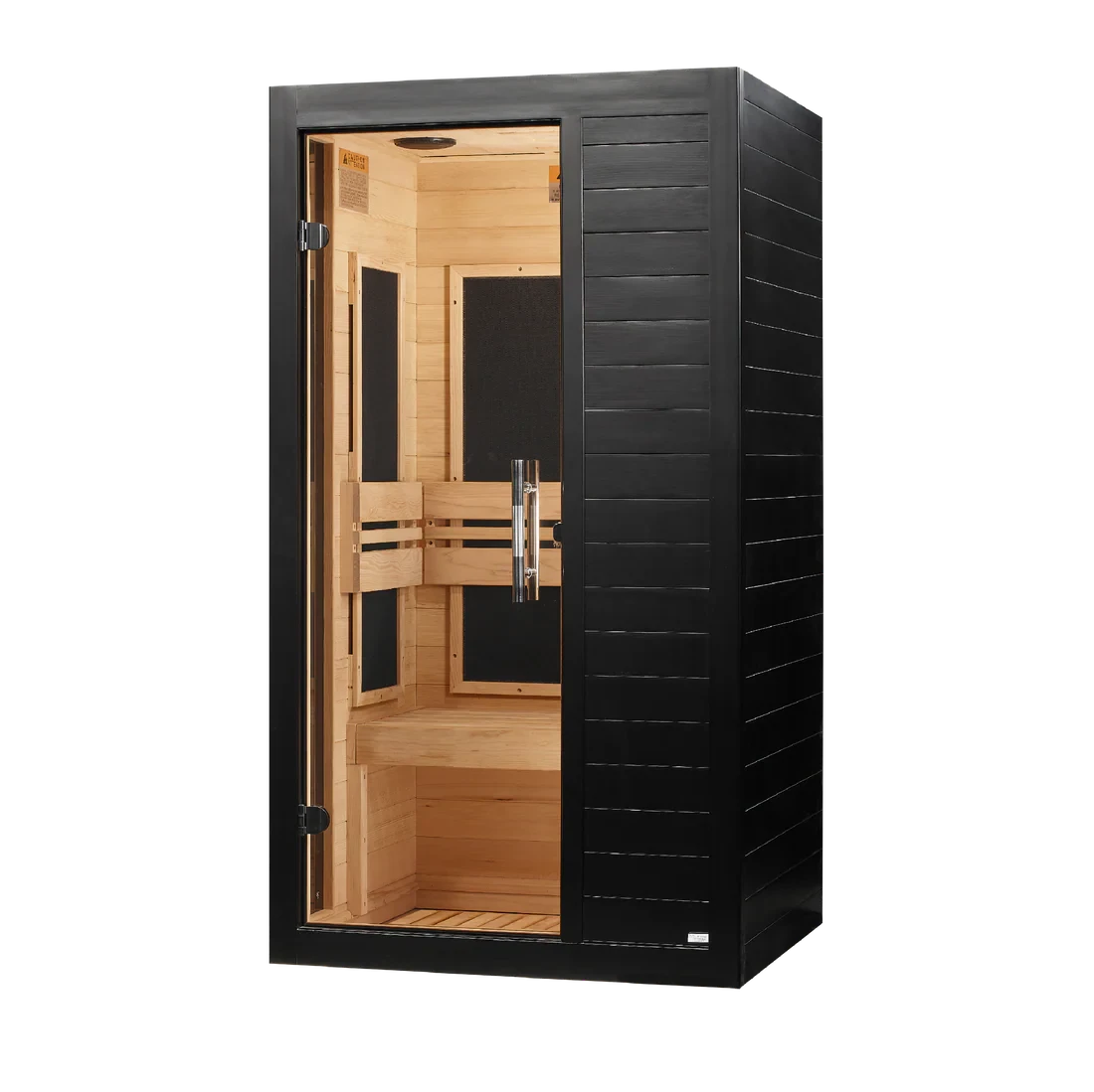 A single-person infrared sauna with a black exterior and light natural wood interior, shown on a solid white background.