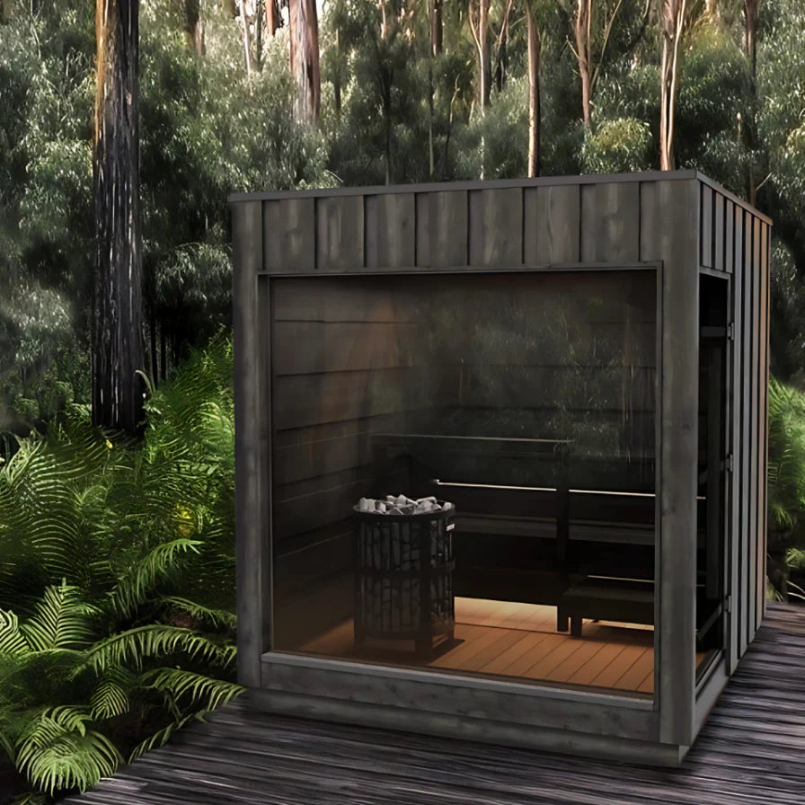 Modular building made of wooden panels in a forest setting