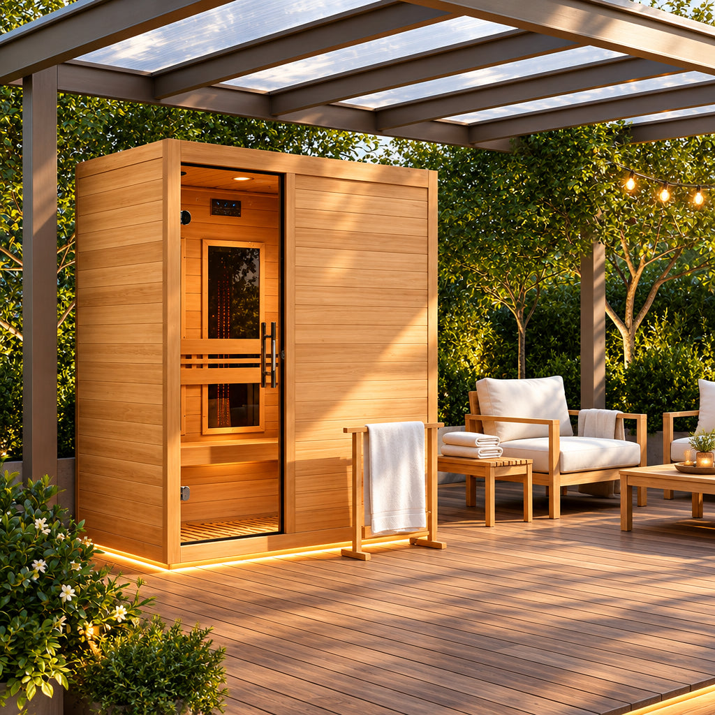 Maxxus S-Line 3-person sauna on a covered patio under a pergola