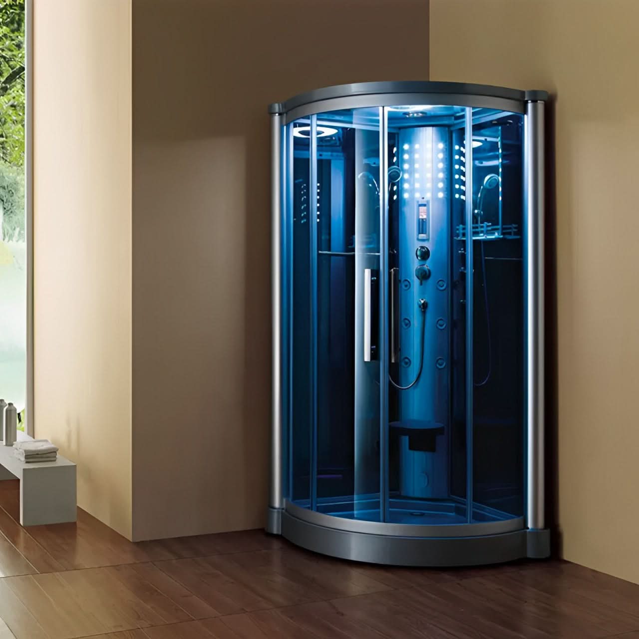 Mesa Showers Mesa WS-801L 1 Person Corner Steam Shower - 42"L x 42"W x 85"H (Blue Glass)