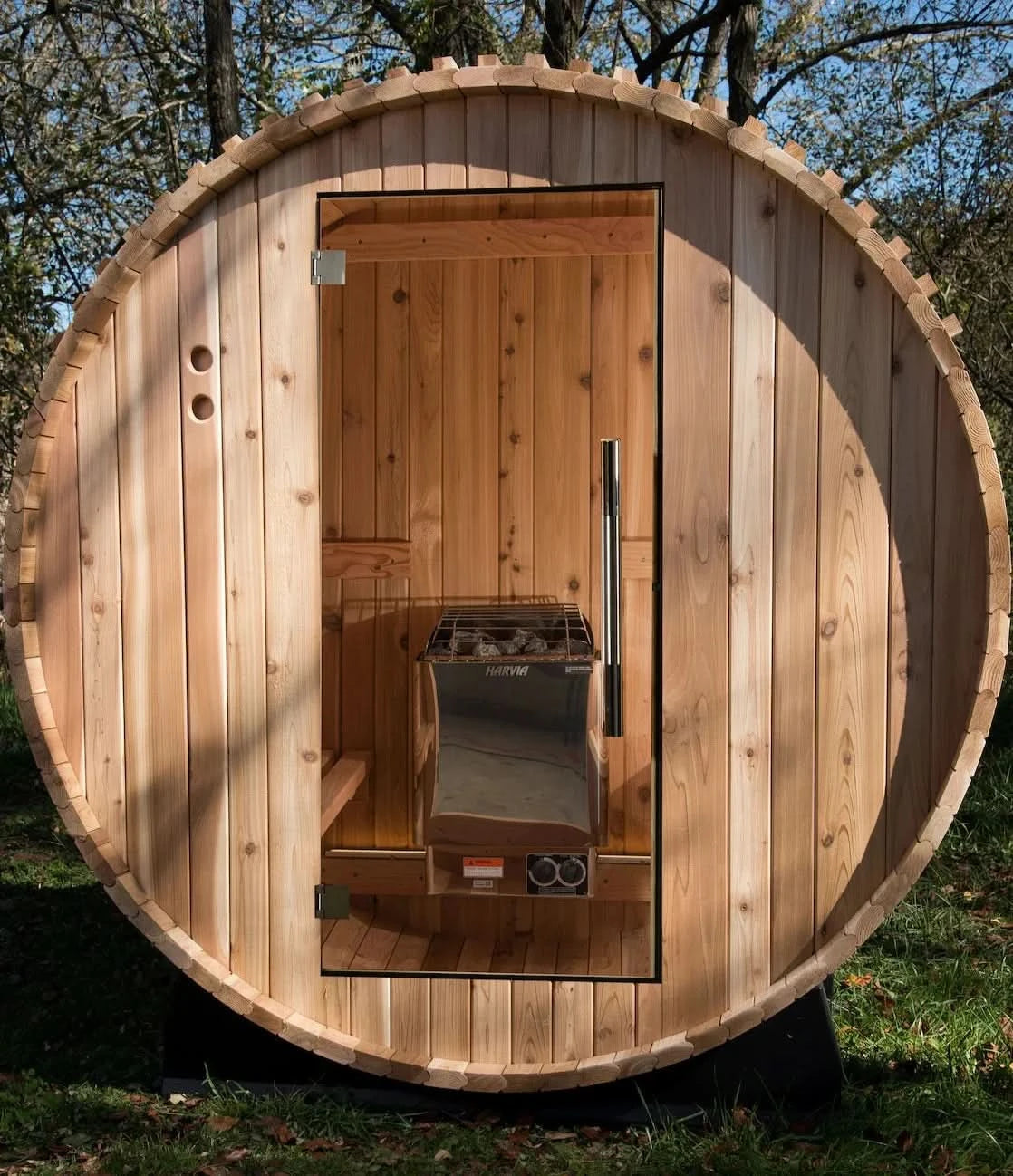 Almost Heaven Saunas & Showers Almost Heaven Pinnacle 4 Person Outdoor Barrel Sauna & Almost Heaven Ellipse Outdoor Shower