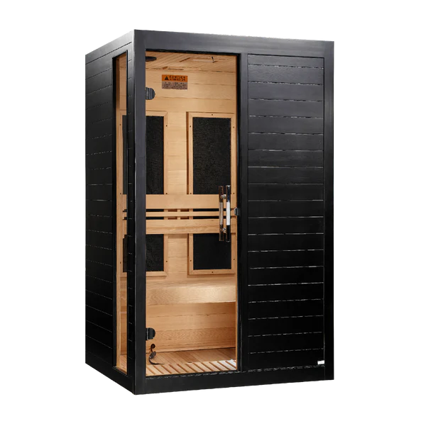 A single-person infrared sauna with a black exterior and light wood interior, shown on a plain white background.