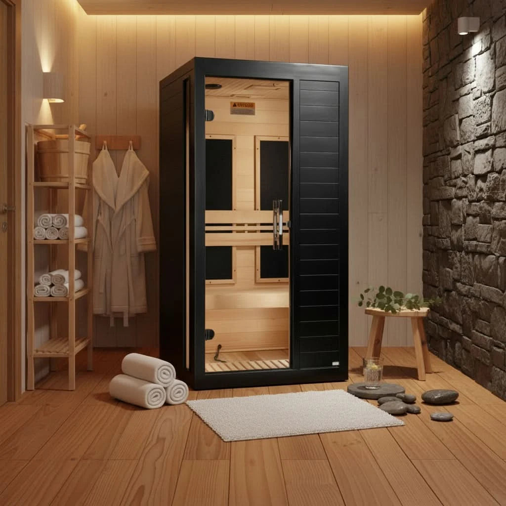 A single-pane infrared sauna with a black exterior and light wood interior, shown on a plain white background.