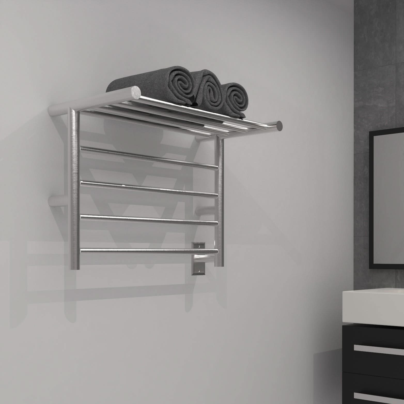 Amba Sauna Accessories RSH-B - Brushed Amba Radiant Shelf Hardwired + Plug-in Combo 8 Bar Towel Warmer