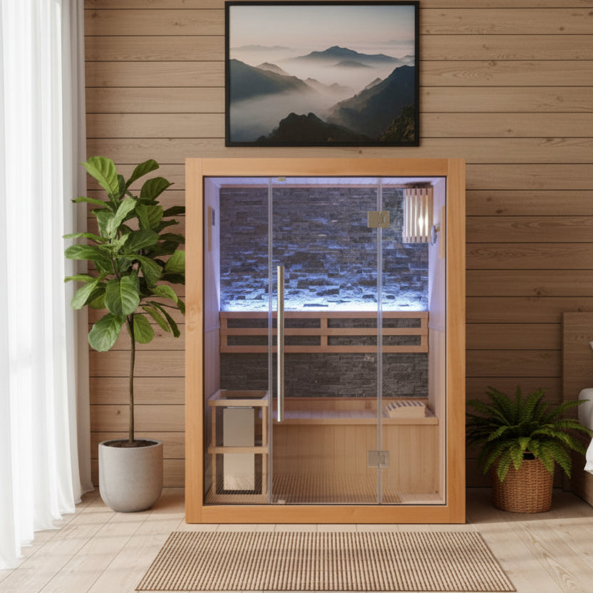 A compact wooden steam room or sauna with glass doors and interior LED lighting, placed against a wood-paneled wall in a styled room with potted plants and a framed mountain landscape above.
