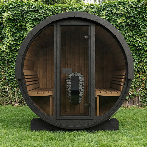 SaunaLife Saunas SaunaLife Model E7GB 4 Person Outdoor Traditional Barrel Sauna With Glass Front (Paint Included)