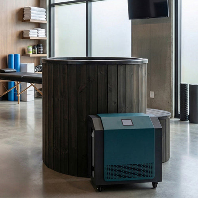 Hot tub and portable water treatment system in a modern indoor setting