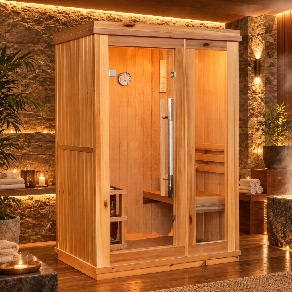 The Aston indoor sauna, angled view beside a window