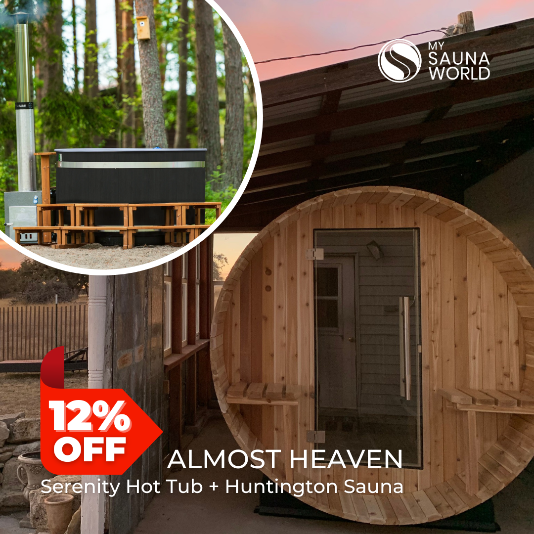 Almost Heaven Huntington 6 Person Barrel Sauna & Almost Heaven Serenity 4 Person Wood Fired Hot Tub