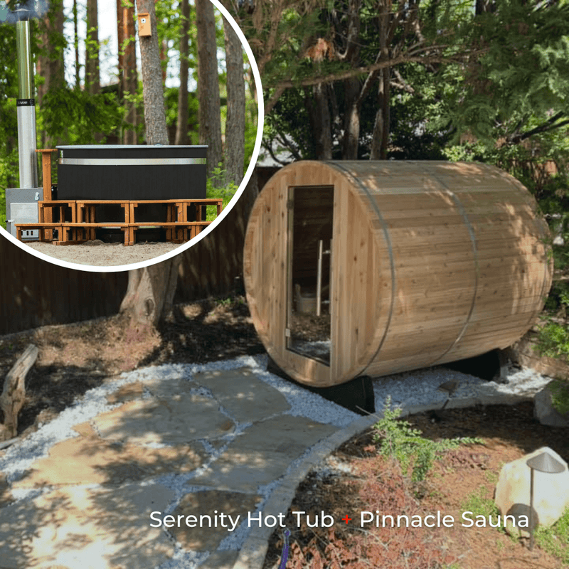 Almost Heaven Saunas & Hot Tubs Almost Heaven Pinnacle 4 Person Barrel Sauna & Almost Heaven Serenity 4 Person Wood Fired Hot Tub
