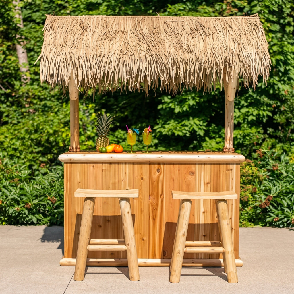 Dundalk LeisureCraft Southern Fantasy tiki bar with thatched roof and two stools