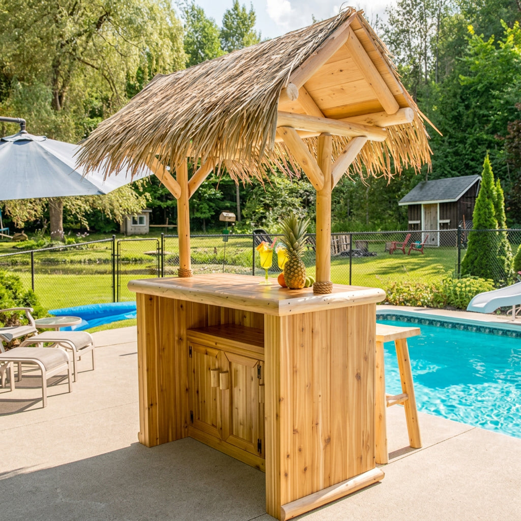 Southern Fantasy tiki bar beside a backyard swimming pool