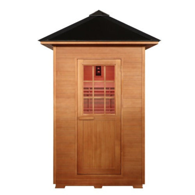Sunray Eagle A single-story wooden sauna cabin with a black pointed roof, natural wood exterior, and a front glass window showing red infrared light tubes, isolated on a white background.