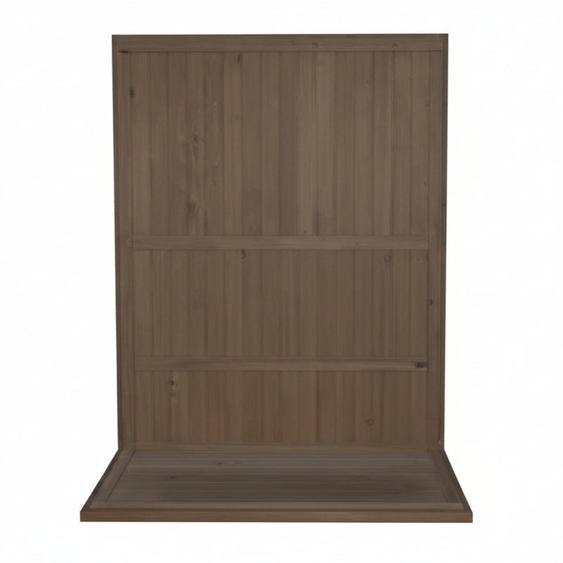 A brown wooden wall-mounted shelf or cabinet panel with a wide base, shown against a plain white background.