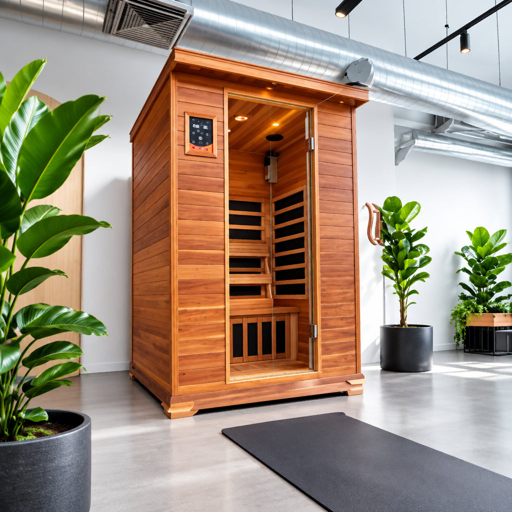 Sierra infrared sauna with glass door in a bright studio with plants