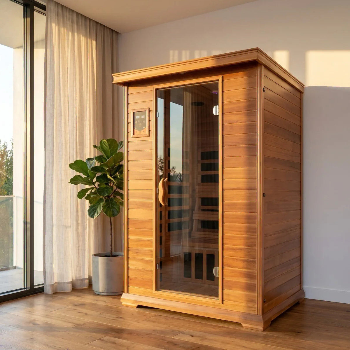 Sunray Sierra 2-person cedar infrared sauna near a sunny window