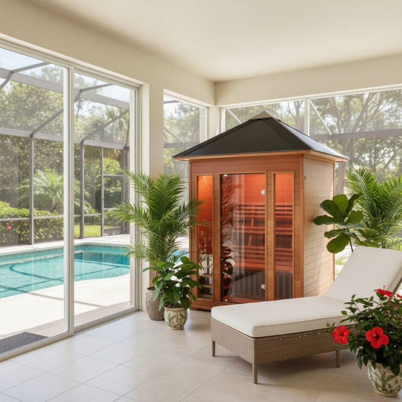 SunrayWaverly A wooden indoor-outdoor sauna cabin with glass doors and a dark roof, placed beside a white lounge chair in a bright screened-in patio area with a pool and potted plants.