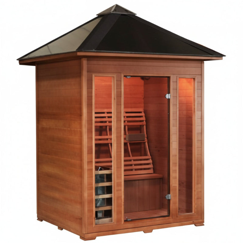 Sunray Waverly outdoor sauna cabin with a black pyramid roof, glass-paneled doors, visible wooden interior benches, and warm orange-red lighting inside, shown on a plain white background.