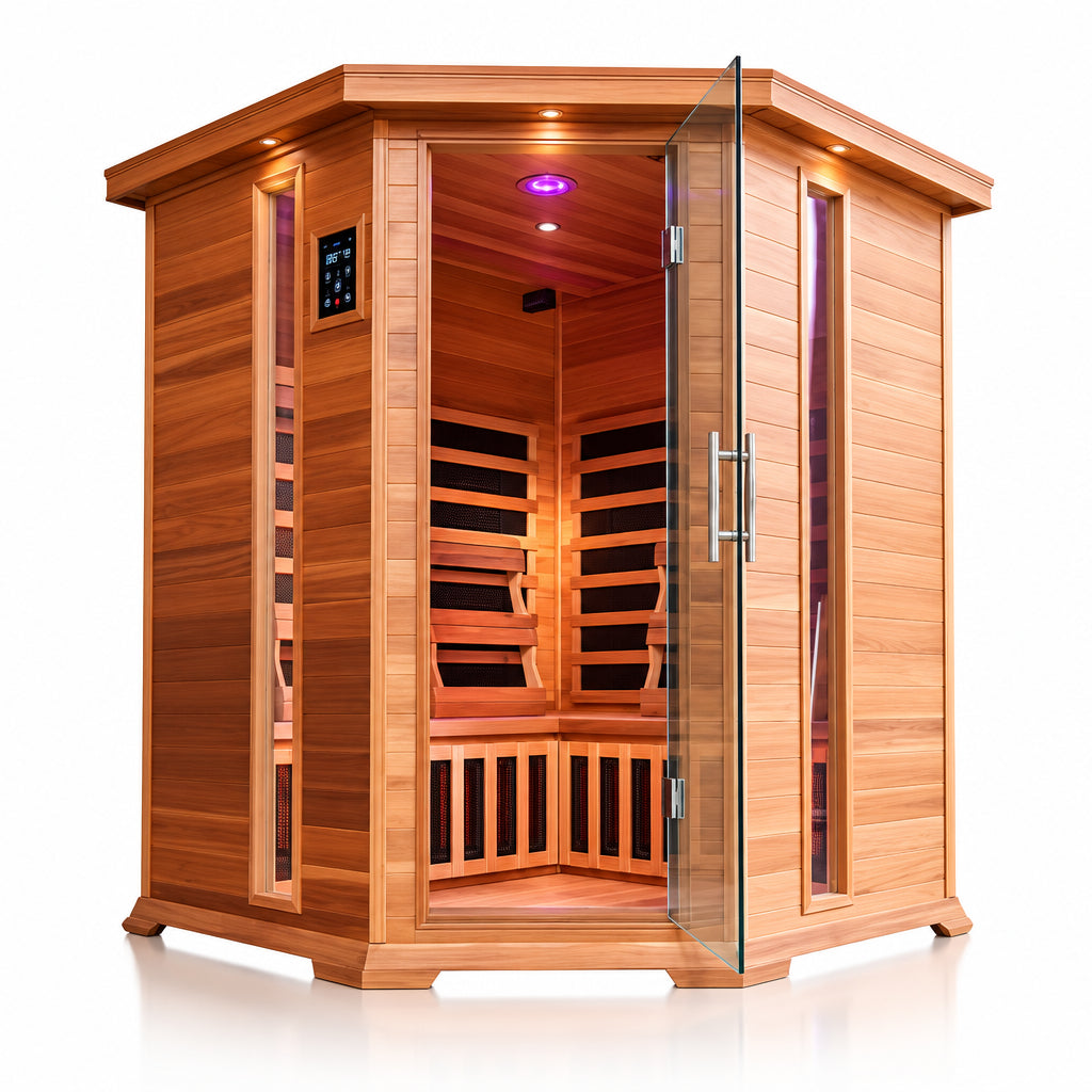 Front view of the Bristol Bay corner sauna in Canadian red cedar