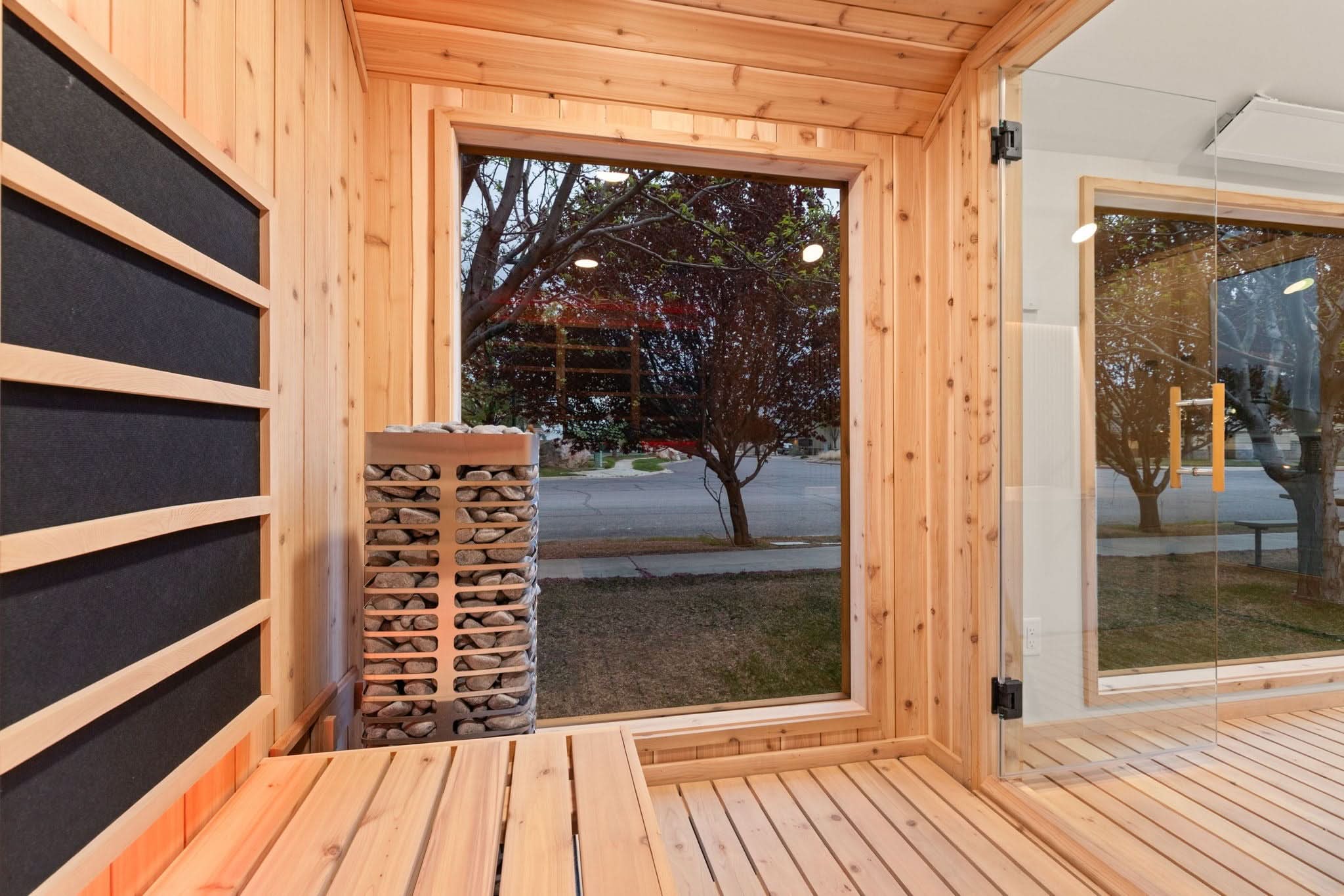 Sweaty Yeti 4-6 Person Outdoor Sauna & Cold Plunge Cabin in interior view.