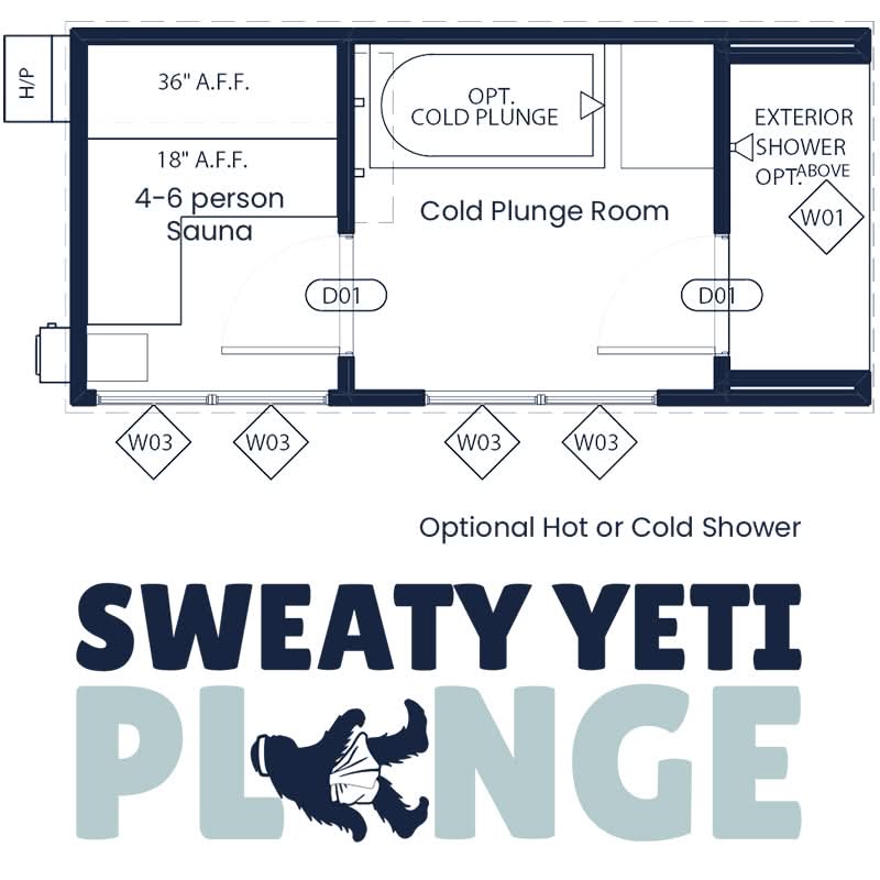 Sweaty Yeti Sauna 4-6 Person Outdoor Sauna & Cold Plunge Cabin Floor plan.