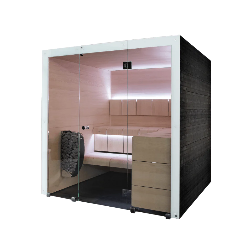 A modern wooden sauna cabin with a glass door, featuring light wood interior walls, built-in seating, drawers, and a hanging sauna stone, shown on a plain white background.
