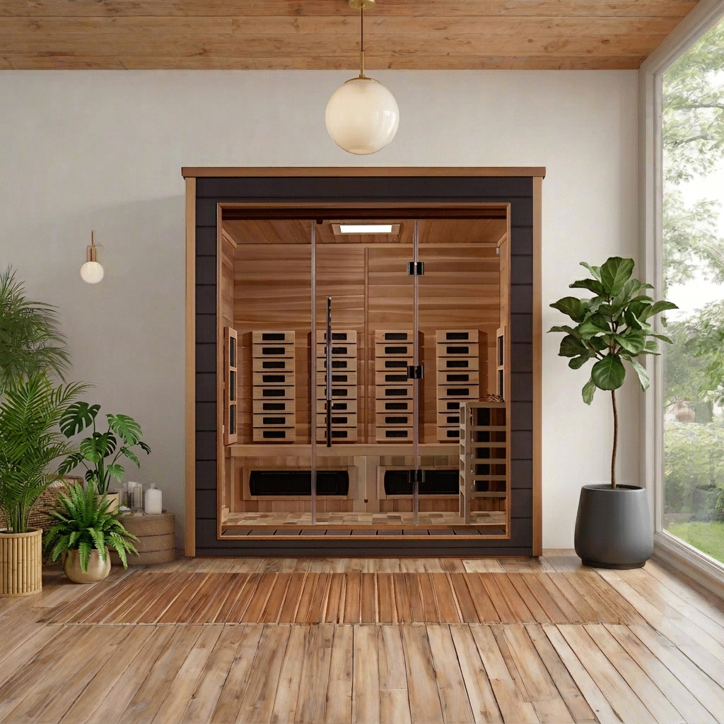 Golden Designs Visby hybrid sauna in a bright room with wood floors